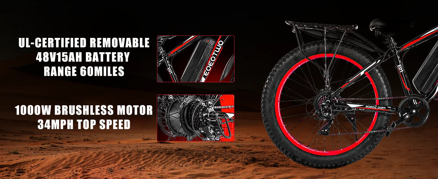 EOEOTWO 1500W Electric Bike 48V 15Ah Battery 26" 4.0 Fat Tire Ebike 34MPH High Speed Mountain Bicycle Off-Road Snow Bike for Adults