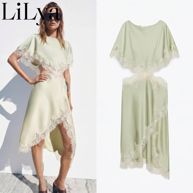 Elegant Solid Waist Hollow Out Woman Dress Lace Trim Cutout Asymmetrical Midi Dress Y2K Lady Sexy Club Party Woman Dress 2026NEW