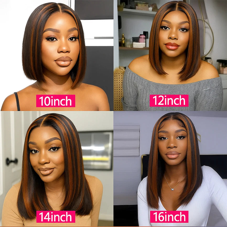 #4/350 Highlight Ginger Brown Short Bob Wig Human Hair Straight 13x4 HD Transparent Lace Frontal Wig Colored 5x5 Glueless Wig