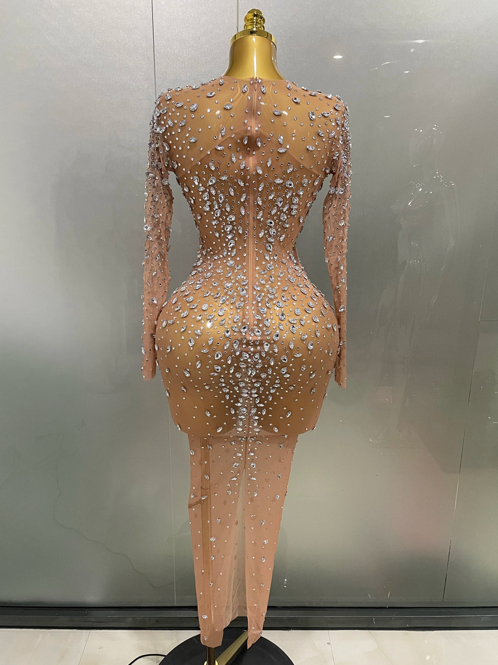 Sexy Shinny Rhinestone Stretch Mesh Transparent Long Dress 2025New Women Evening Birthday Party Prom Nightclub Singer Stage Wear