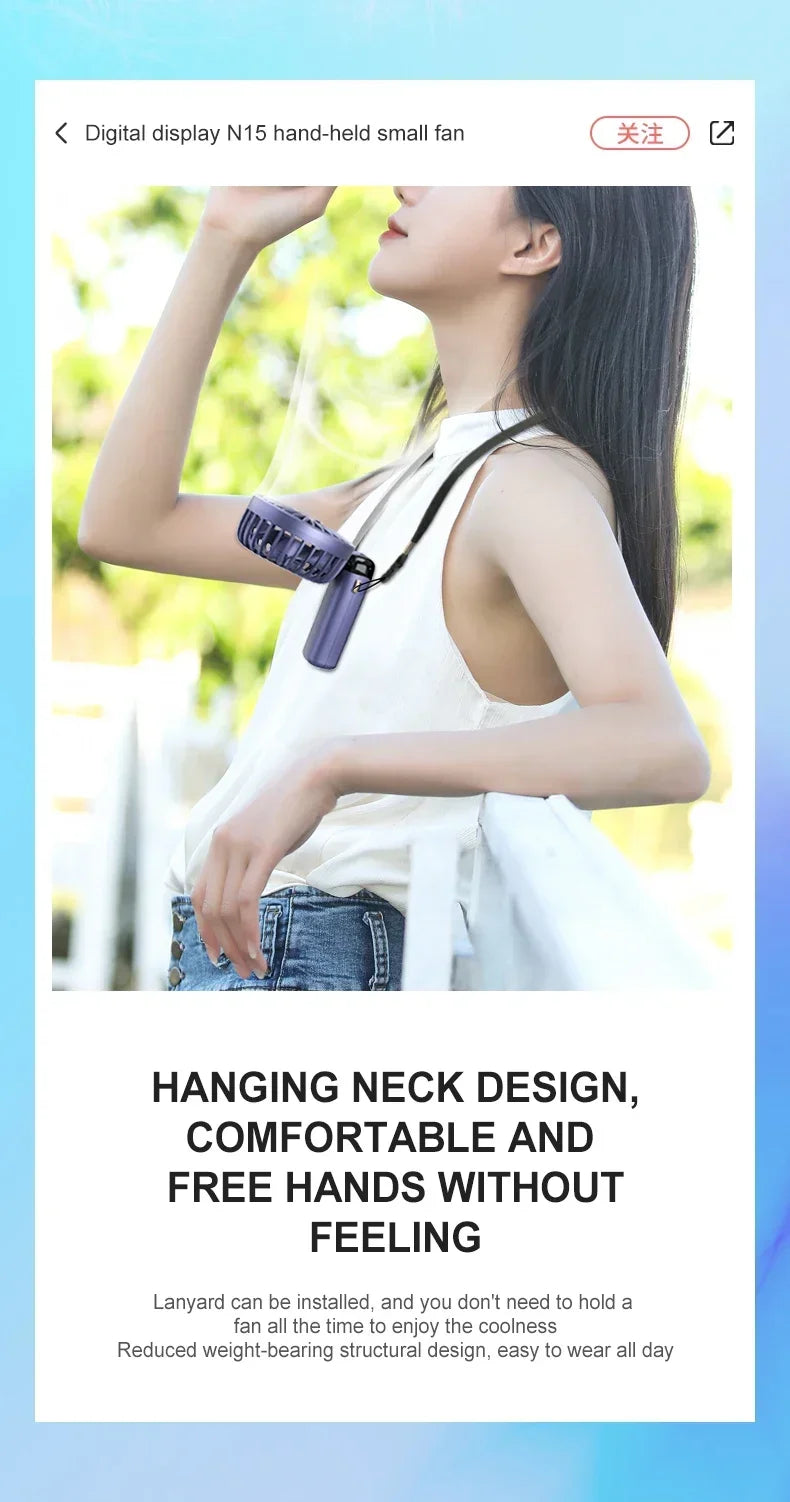 Portable Handheld Mini Fan Foldable Neck Hanging Fans 5 Speed USB Rechargeable Fan with Phone Stand and Display Screen 1800mAh