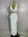 Women Sexy White Flowers V-Neck Tops Bodycon Long Dress Two Pieces Set Eveing Party Prom Gown Nightclub Celebrate Birthday Dress