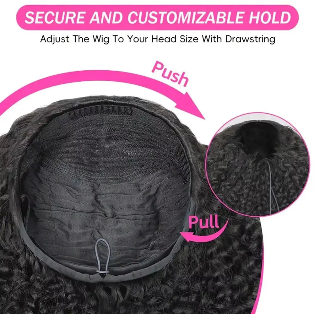Jerry Curly Half Wig Human Hair Seamless Kinky Curly 3 In 1 Half Wig  Glueless  Heandband Clip In Wig No Sew In Black Color