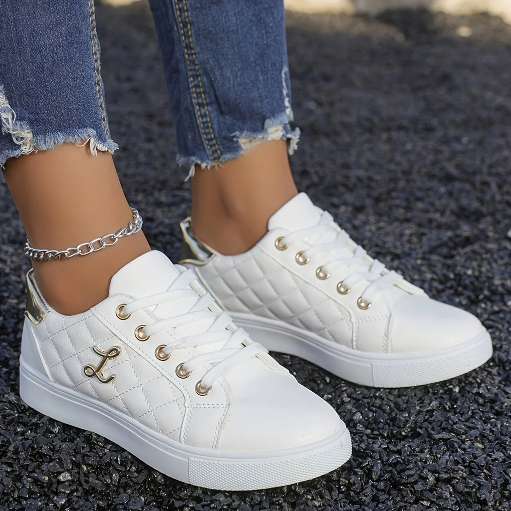 Fashion Lightweight Women's Sneakers - Black, White and Gold Embellished, Lace-Up Low-Top Casual Shoes for All Seasons