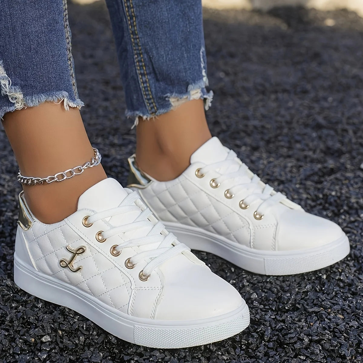 Fashion Lightweight Women's Sneakers - Black, White and Gold Embellished, Lace-Up Low-Top Casual Shoes for All Seasons