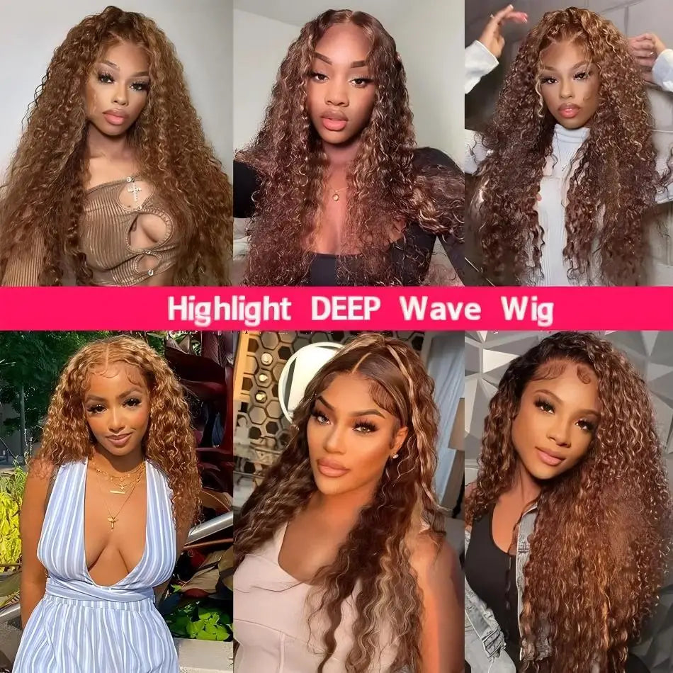Deep Wave Curly Human Hair Wig Honey Blonde Highlight Wig Human Hair 5x5 HD Lace Closure Wig Glueless Wigs Human Hair For Woman