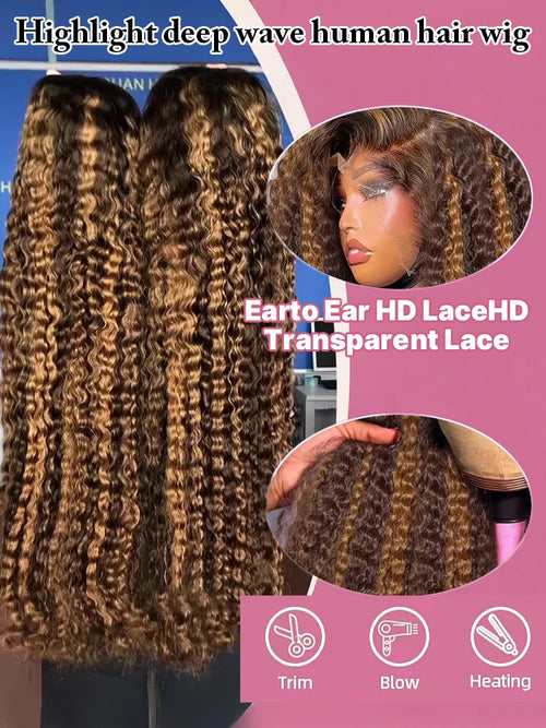 40 42 Inch Curly Highlight Wig Human Hair Colored 13x6 HD Deep Wave Frontal Wig 250% Honey Blond 13x4 Lace Front Wigs For Women