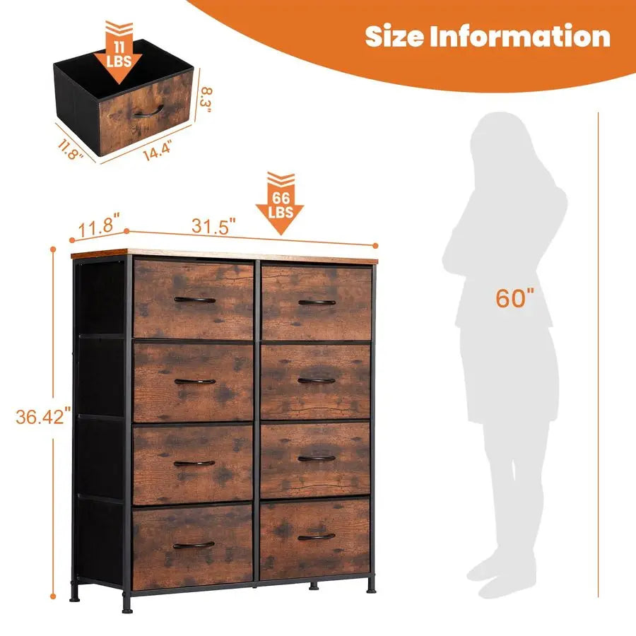 Large Fabric Storage Tower 8 Drawers Dresser 31.5"D x 11.81"W x 36.42"H Bedroom Chest Metal Wooden Top