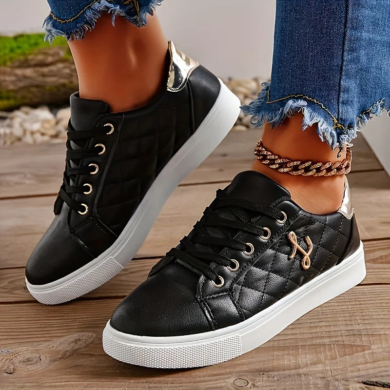 Fashion Lightweight Women's Sneakers - Black, White and Gold Embellished, Lace-Up Low-Top Casual Shoes for All Seasons