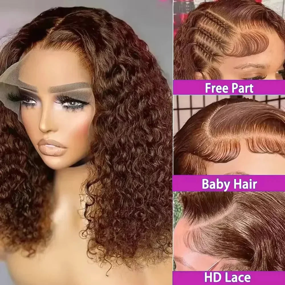 Deep Wave #4 Brown Water Wave Human Hair Bob Wigs 13×4 Lace Frontal Wigs Human Hair Short Wig Transparent Lace Human Hair Wig