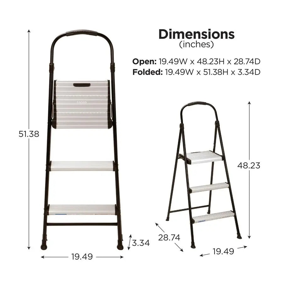 Lightweight ThreeStep Folding Step Stool for Home Use Large Platform, OneHand Release, NonMarring Leg Tips, Aluminum and Steel F