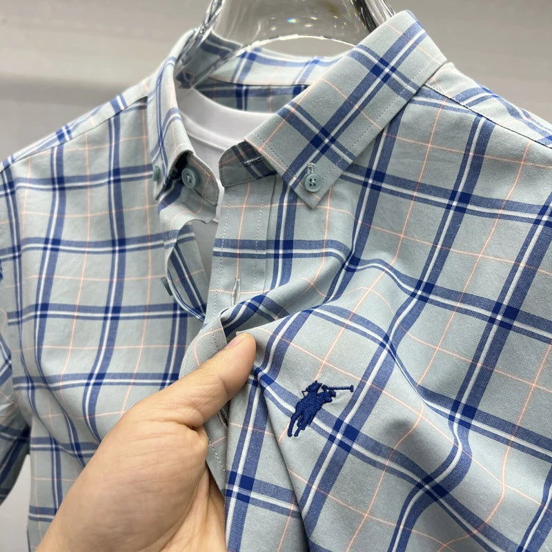 Paul's Plaid Short Sleeve Shirt Men's Summer High-End Small Pony Logo 100% Pure Cotton Half-Sleeve Casual Shirt