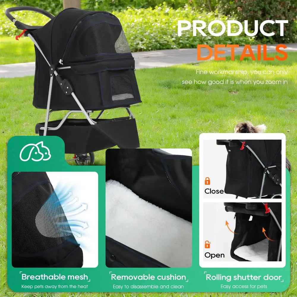 3Wheel Pet Stroller Dog and Cat Stroller Breathable Mesh Lightweight Travel Carrier Waterproof amp Foldable Design Storage Bask