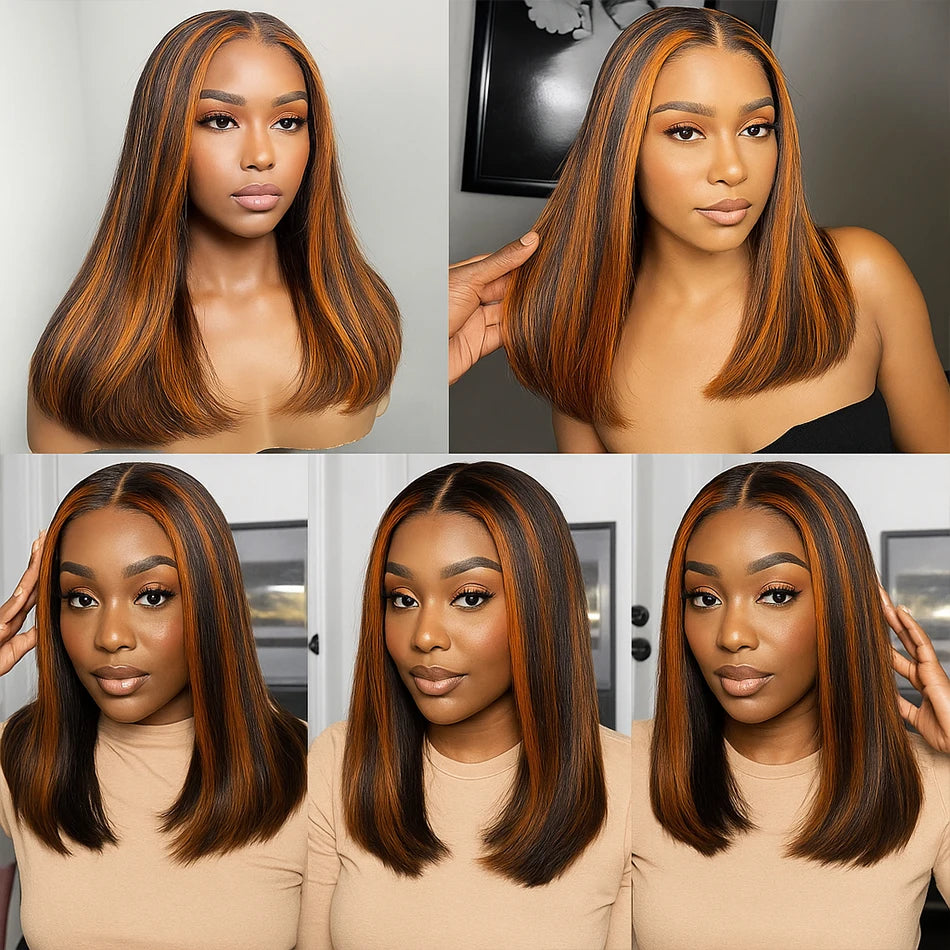#4/350 Highlight Ginger Brown Short Bob Wig Human Hair Straight 13x4 HD Transparent Lace Frontal Wig Colored 5x5 Glueless Wig