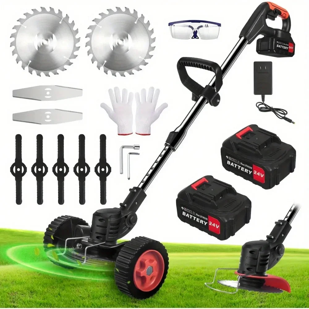 graded Cordless Electric Lawn Mower 24V 2X4.0Ah BatteryPowered, 4In1 Grass Trimmer Edger Mini Mower Brush Cutter With 3 Types