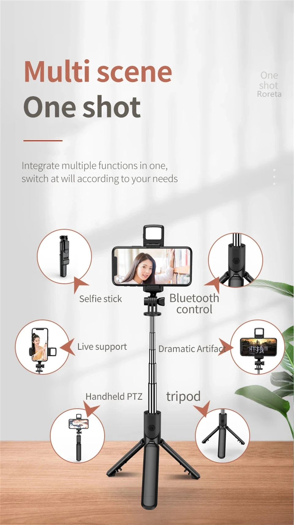 Portable Bluetooth Selfie Stick Retractable Multifunctional Phone HoldeTripod With Selfie light Wireless Remote Shutter stand