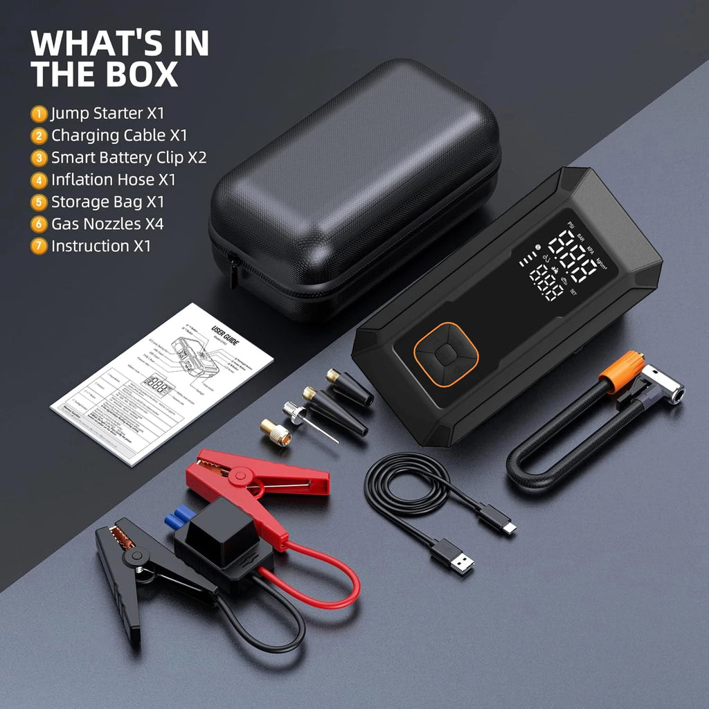 5-IN-1 Car Jump Starter with Air Compressor Peak 1500A Auto Battery Booster 150PSI Air Pump Portable Power Bank Tire Inflator