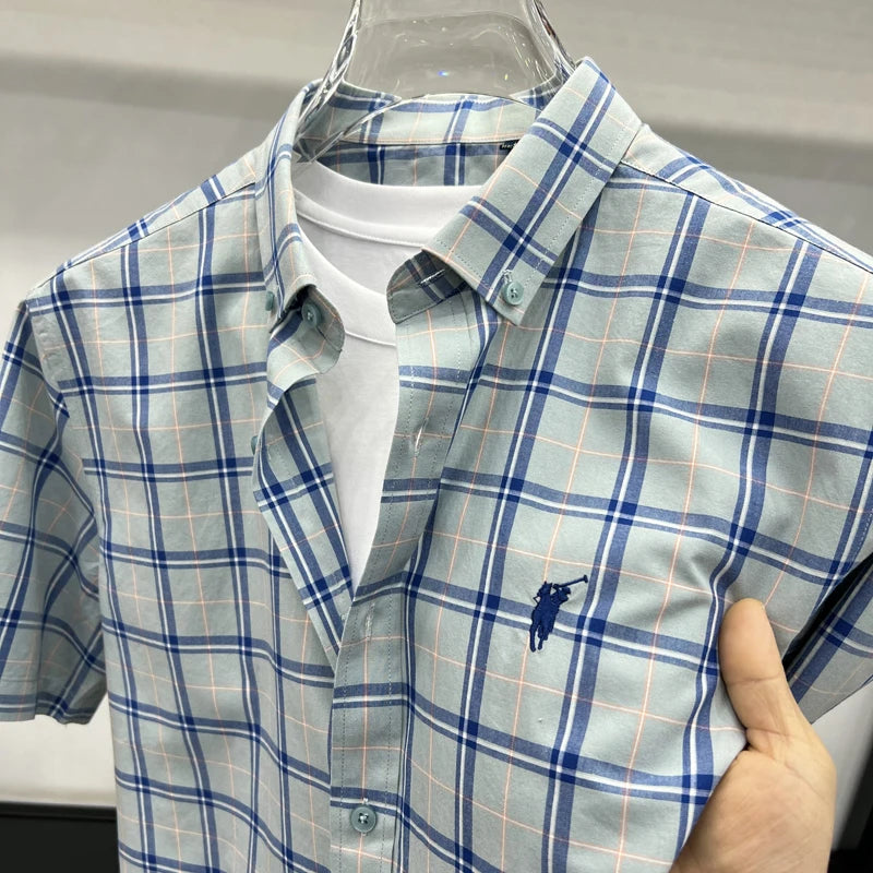 Paul's Plaid Short Sleeve Shirt Men's Summer High-End Small Pony Logo 100% Pure Cotton Half-Sleeve Casual Shirt