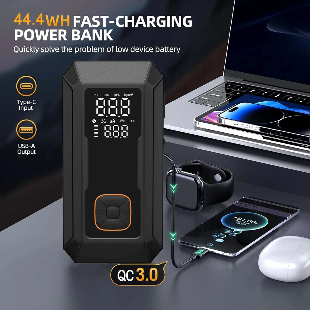 5-IN-1 Car Jump Starter with Air Compressor Peak 1500A Auto Battery Booster 150PSI Air Pump Portable Power Bank Tire Inflator