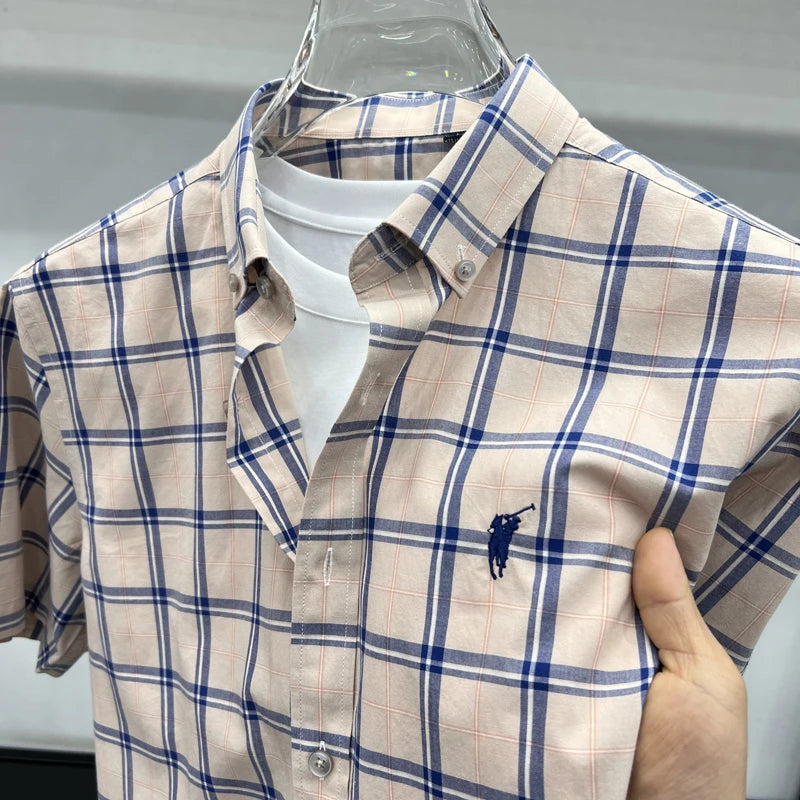 Paul's Plaid Short Sleeve Shirt Men's Summer High-End Small Pony Logo 100% Pure Cotton Half-Sleeve Casual Shirt