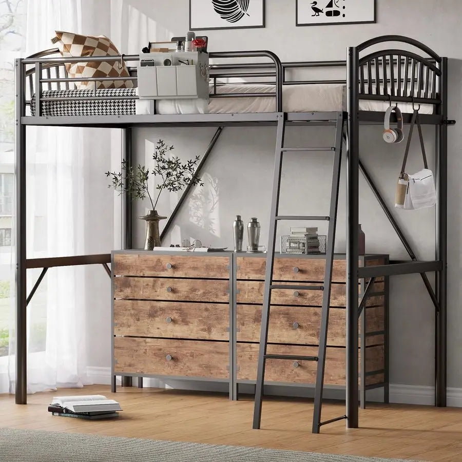Loft Bed Twin Size, Twin Loft Bed with Bedside Caddy, Convertible Ladder amp FullLength Guardrails, SpaceSaving amp Noise Free