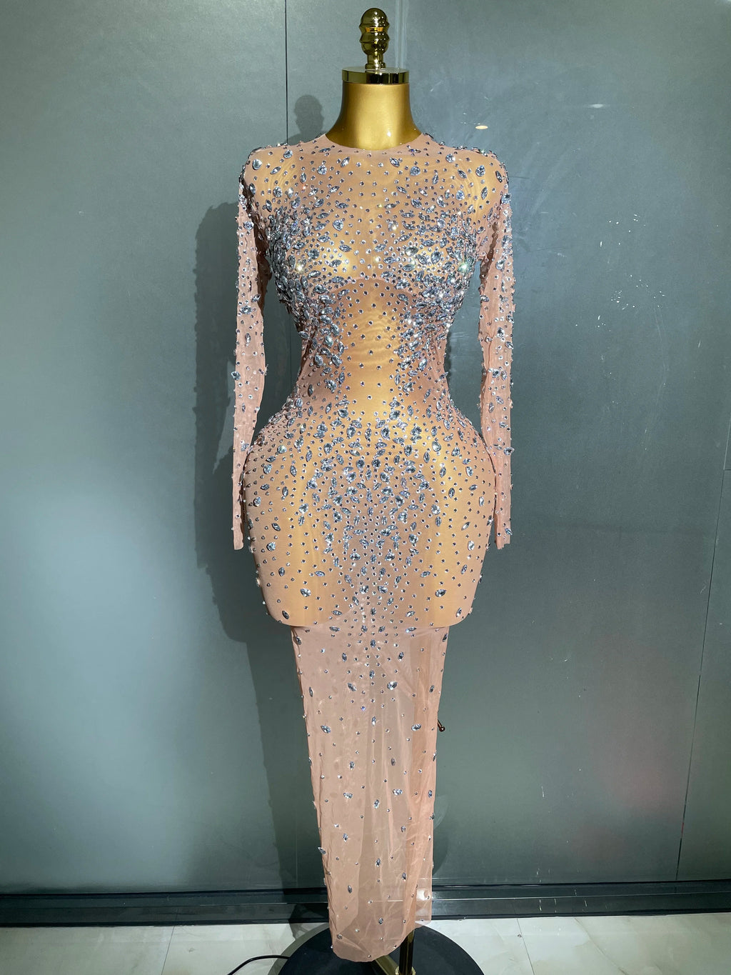 Sexy Shinny Rhinestone Stretch Mesh Transparent Long Dress 2025New Women Evening Birthday Party Prom Nightclub Singer Stage Wear
