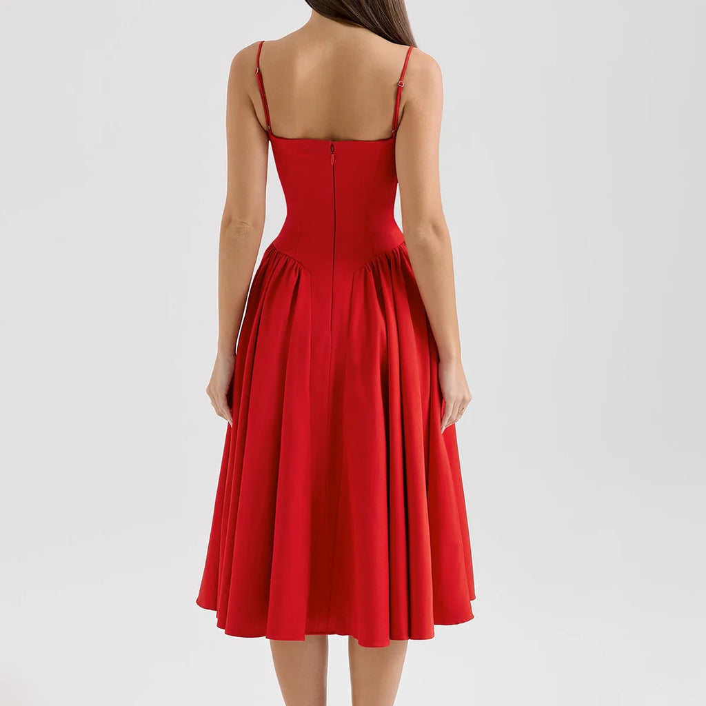 Suninheart Spaghetti Strap Summer Party Dresses 2025 New Arrivals Fit and Flare Elegant Midi Dress Red Night Date Dress