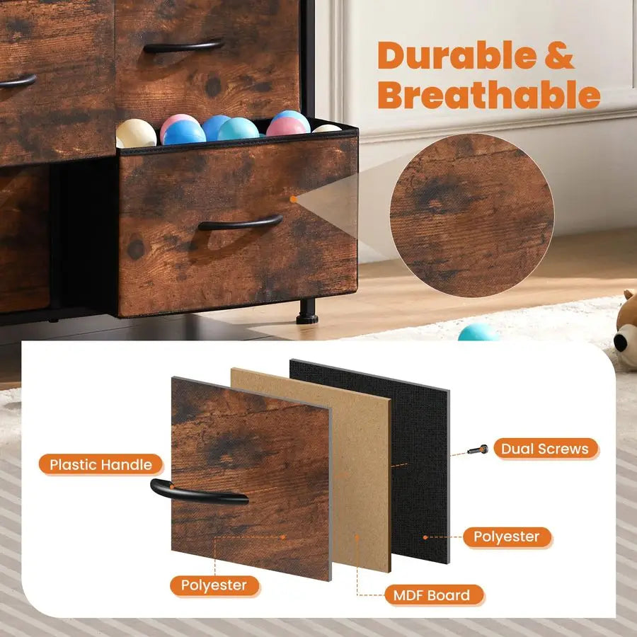 Large Fabric Storage Tower 8 Drawers Dresser 31.5"D x 11.81"W x 36.42"H Bedroom Chest Metal Wooden Top