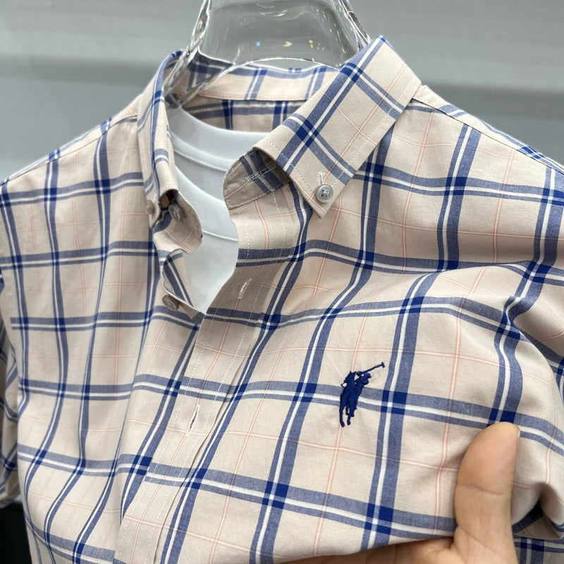 Paul's Plaid Short Sleeve Shirt Men's Summer High-End Small Pony Logo 100% Pure Cotton Half-Sleeve Casual Shirt