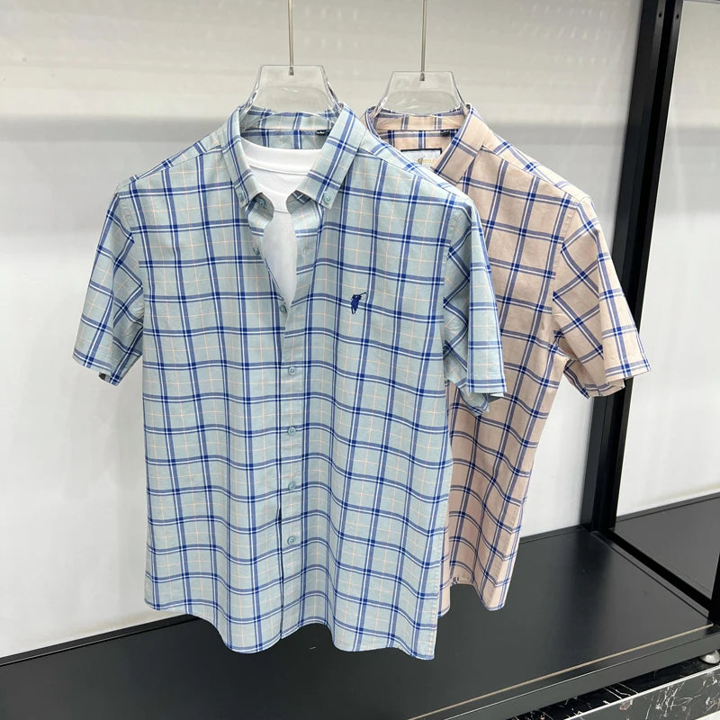 Paul's Plaid Short Sleeve Shirt Men's Summer High-End Small Pony Logo 100% Pure Cotton Half-Sleeve Casual Shirt