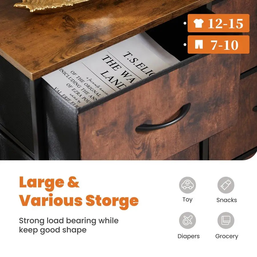 Large Fabric Storage Tower 8 Drawers Dresser 31.5"D x 11.81"W x 36.42"H Bedroom Chest Metal Wooden Top