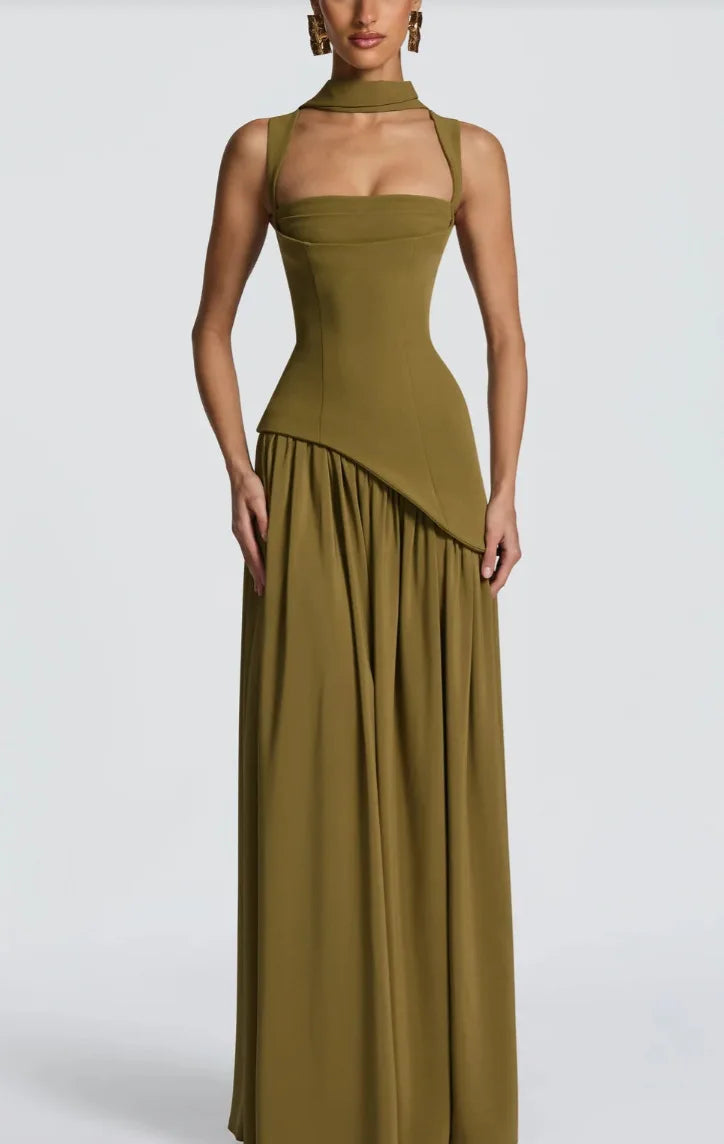 Suninheart Summer Elegant Olive Green Maxi Dress for Women Flowy Long Dress with Scarf Birthday Party Beach Graduation dress