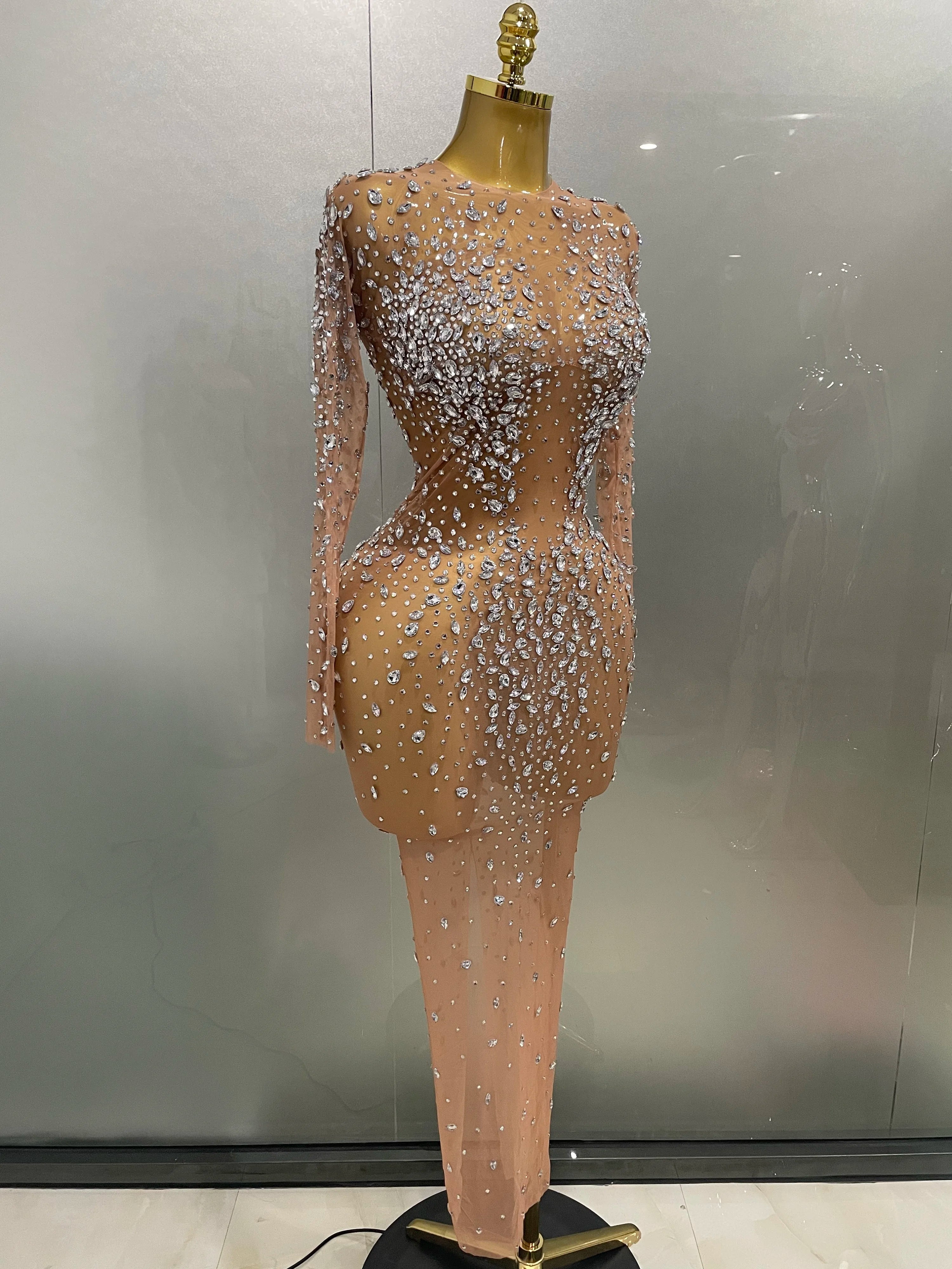 Sexy Shinny Rhinestone Stretch Mesh Transparent Long Dress 2025New Women Evening Birthday Party Prom Nightclub Singer Stage Wear