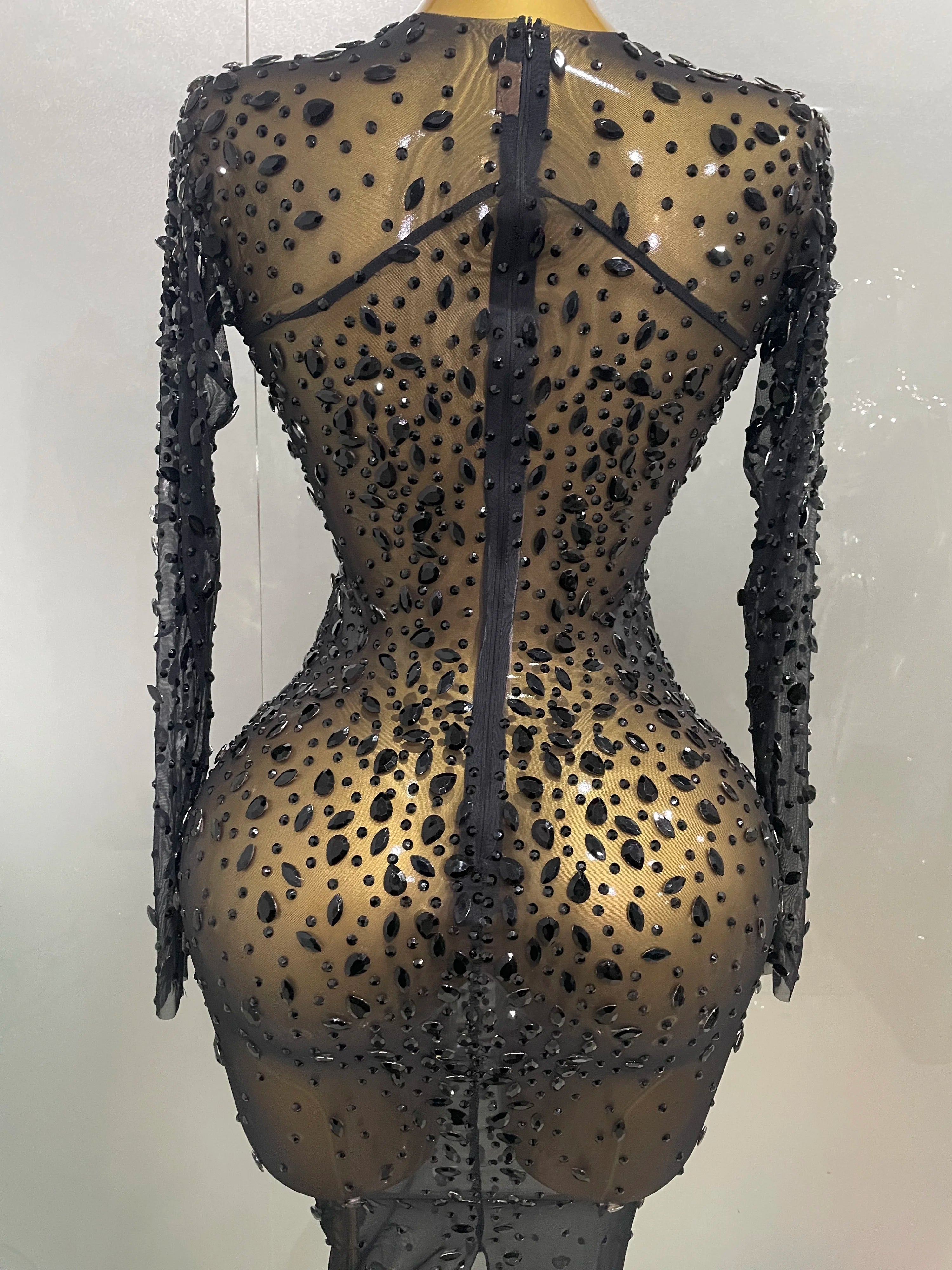 Sexy Shinny Rhinestone Stretch Mesh Transparent Long Dress 2025New Women Evening Birthday Party Prom Nightclub Singer Stage Wear