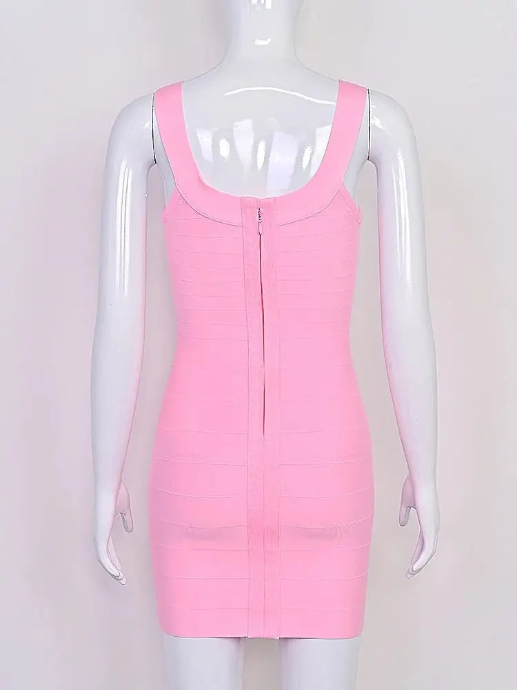 BEAUKEY New Trendy Pink Ginger Bandage Mini Party Dress Women Quality Sexy Bustier Backless Bodycon Dress Club Birthday Dress