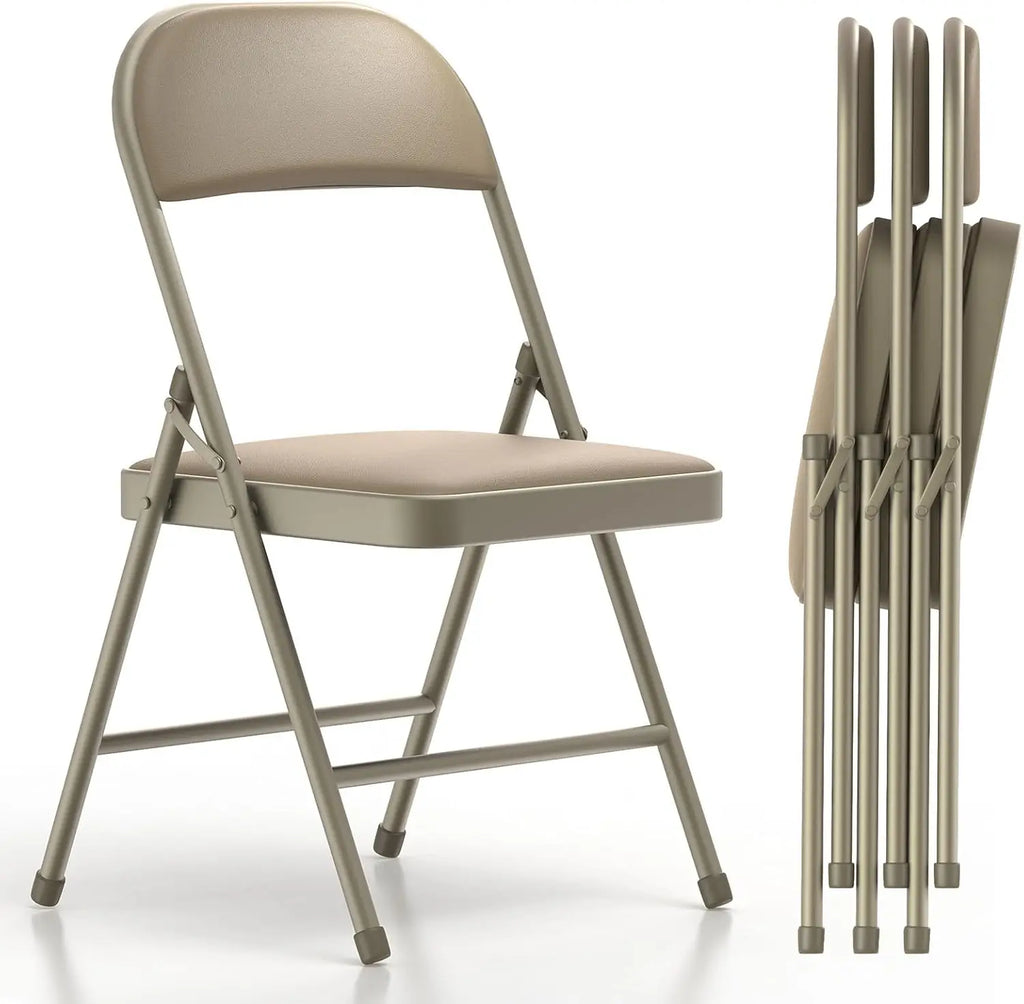 4 Pack Folding Chairs with Padded Vinyl Cushion Chairs with Comfortable Cushion and Durable Steel Frame Kahki Vinyl 4 Pack