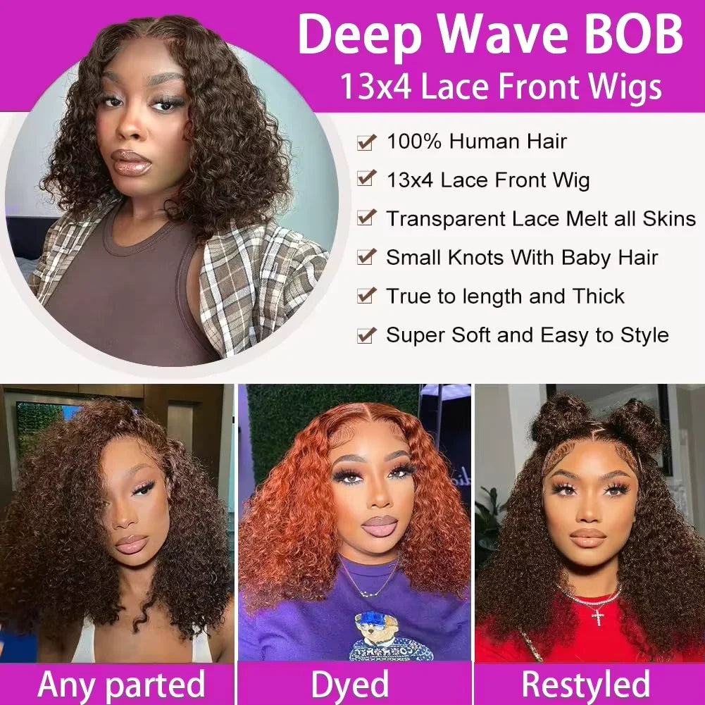 Deep Wave #4 Brown Water Wave Human Hair Bob Wigs 13×4 Lace Frontal Wigs Human Hair Short Wig Transparent Lace Human Hair Wig