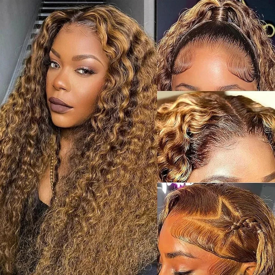 Deep Wave Curly Human Hair Wig Honey Blonde Highlight Wig Human Hair 5x5 HD Lace Closure Wig Glueless Wigs Human Hair For Woman
