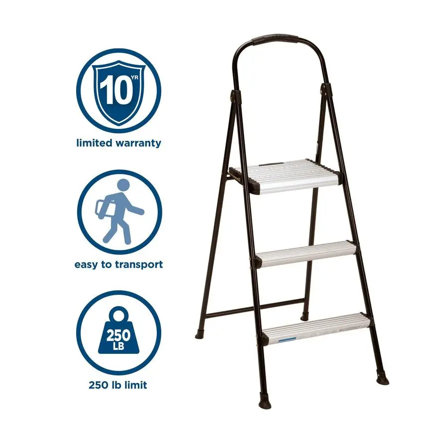 Lightweight ThreeStep Folding Step Stool for Home Use Large Platform, OneHand Release, NonMarring Leg Tips, Aluminum and Steel F