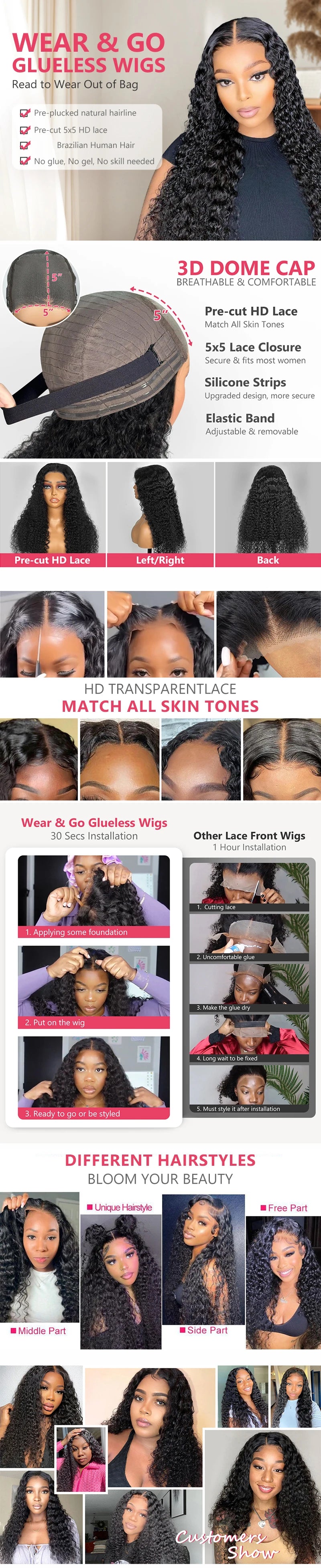 Curly Glueless Wigs Human Hair Ready to Wear Deep Wave Lace Front Wigs Wear And Go Pre Plucked Pre Cut 5x5 4x4 Lace Closure Wigs