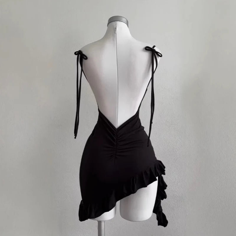 2025 Sexy Sleelveless Backless Mini Dress Women Summer Europe America Lace Up Bodycon Dresses High Street Party Club Black Dress
