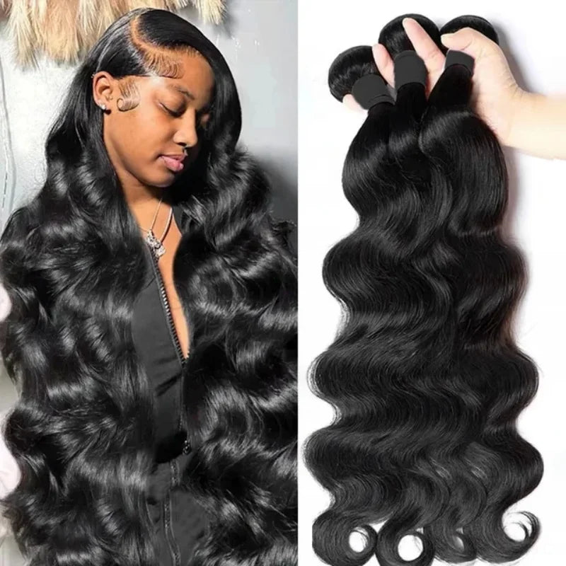 Body Wave Hair Bundles - Natural Black Brazilian Virgin Hair Weave 12A Unprocessed Hair Extensions.