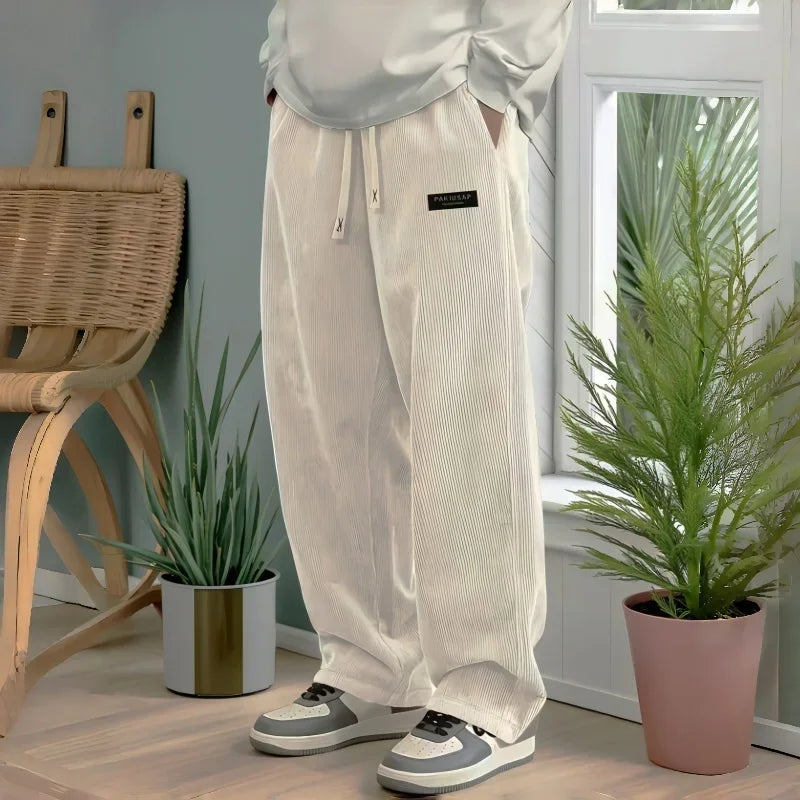 2026New Mens Corduroy Casual Pants Fashion Loose Fit Baggy Pants Straight Sweatpants Elastic Waist Drawstring Outdoor Streetwear