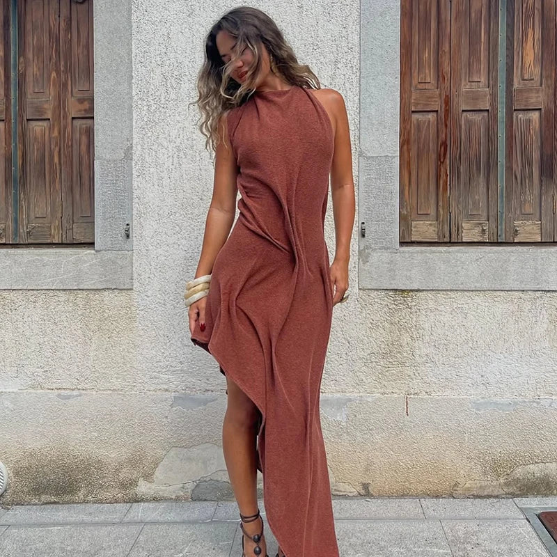 Romantic Soft Halter Maxi Dress Ruched Asymmetrical Women Dresses Anniversary Dinners Vacation Elegant Female Party Wear