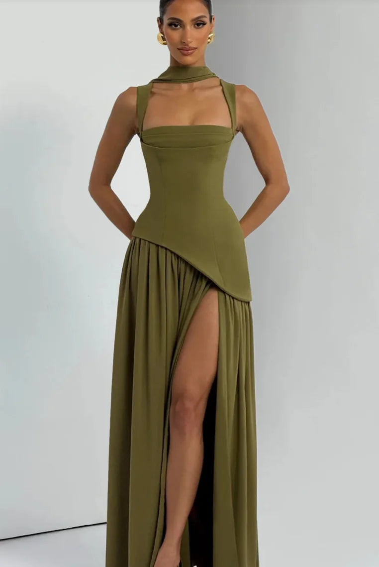 Suninheart Summer Elegant Olive Green Maxi Dress for Women Flowy Long Dress with Scarf Birthday Party Beach Graduation dress