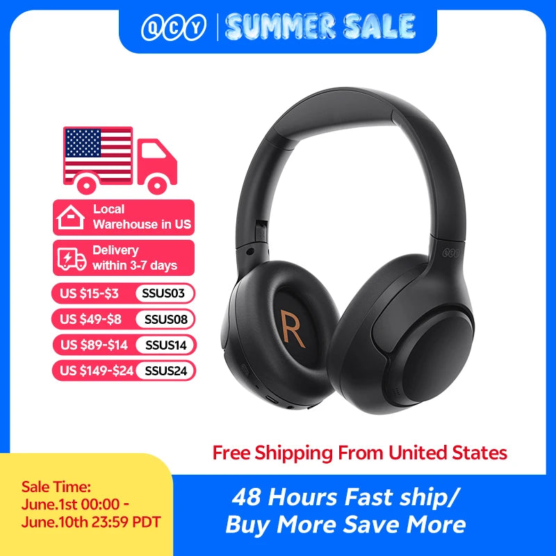 QCY H3 ANC Wireless Headphones Bluetooth 5.4 Hi-Res Audio Over Ear Headset 43dB Hybrid Active Noise Cancellation Earphones 60H