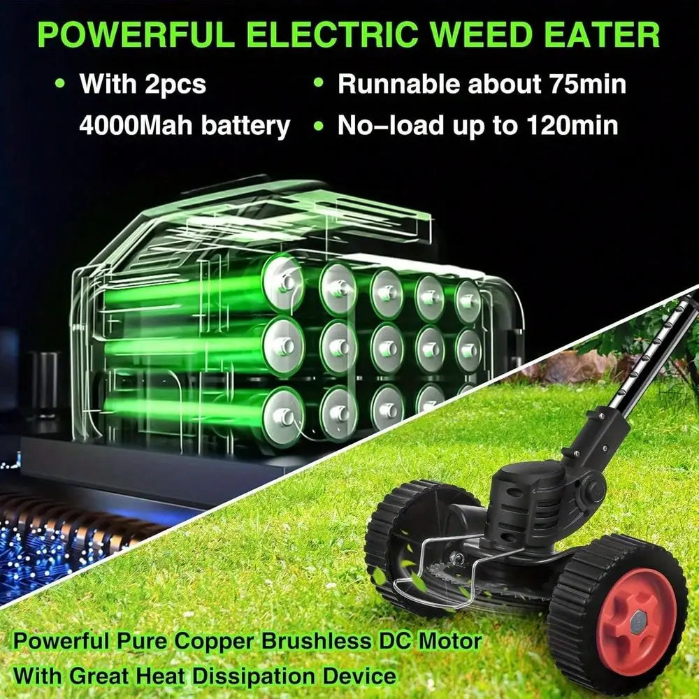 graded Cordless Electric Lawn Mower 24V 2X4.0Ah BatteryPowered, 4In1 Grass Trimmer Edger Mini Mower Brush Cutter With 3 Types