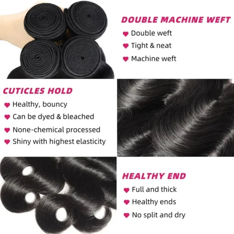 Body Wave Hair Bundles - Natural Black Brazilian Virgin Hair Weave 12A Unprocessed Hair Extensions.