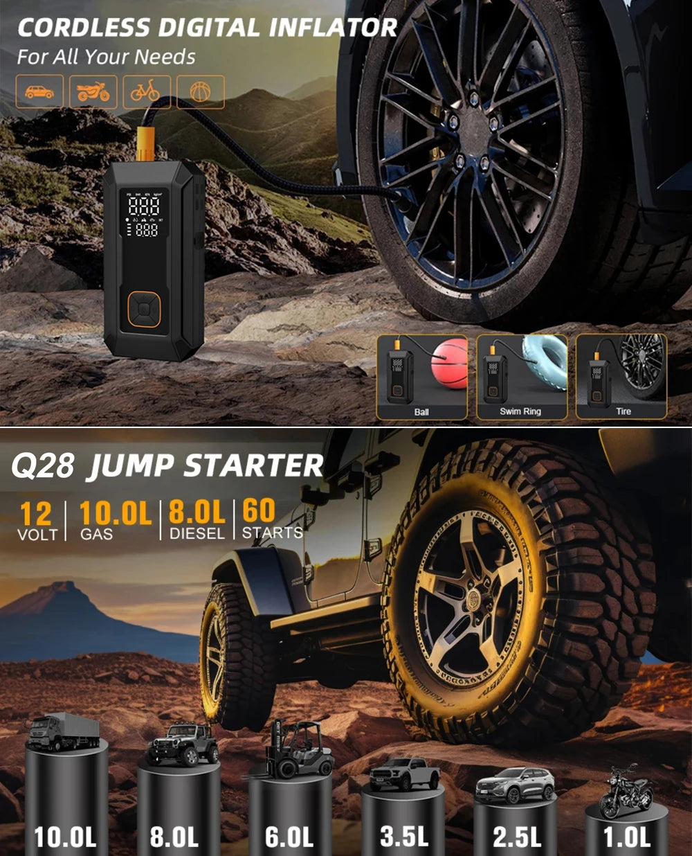 5-IN-1 Car Jump Starter with Air Compressor Peak 1500A Auto Battery Booster 150PSI Air Pump Portable Power Bank Tire Inflator