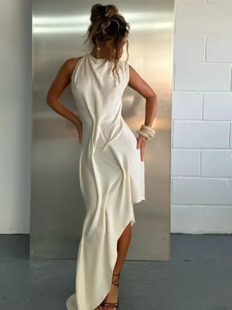 Romantic Soft Halter Maxi Dress Ruched Asymmetrical Women Dresses Anniversary Dinners Vacation Elegant Female Party Wear